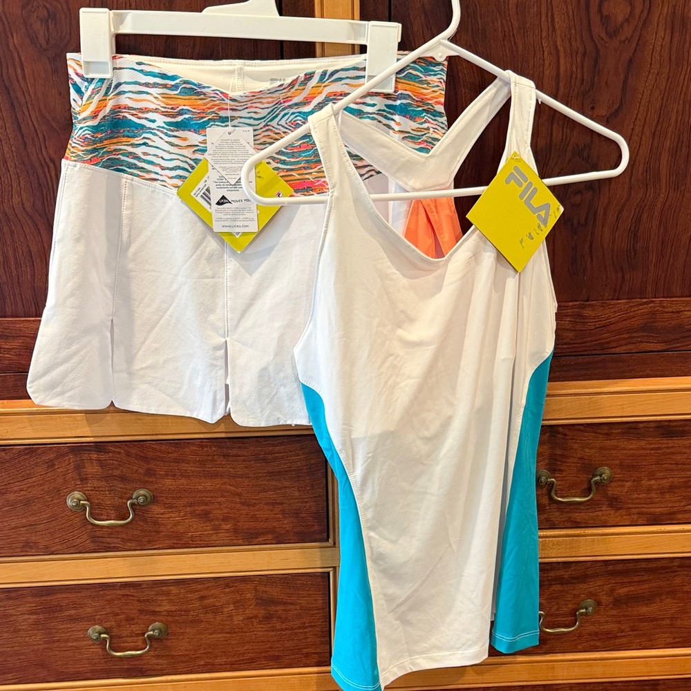 Fila White Tank Top and Skort Set with Teal and Multicolor Waistband